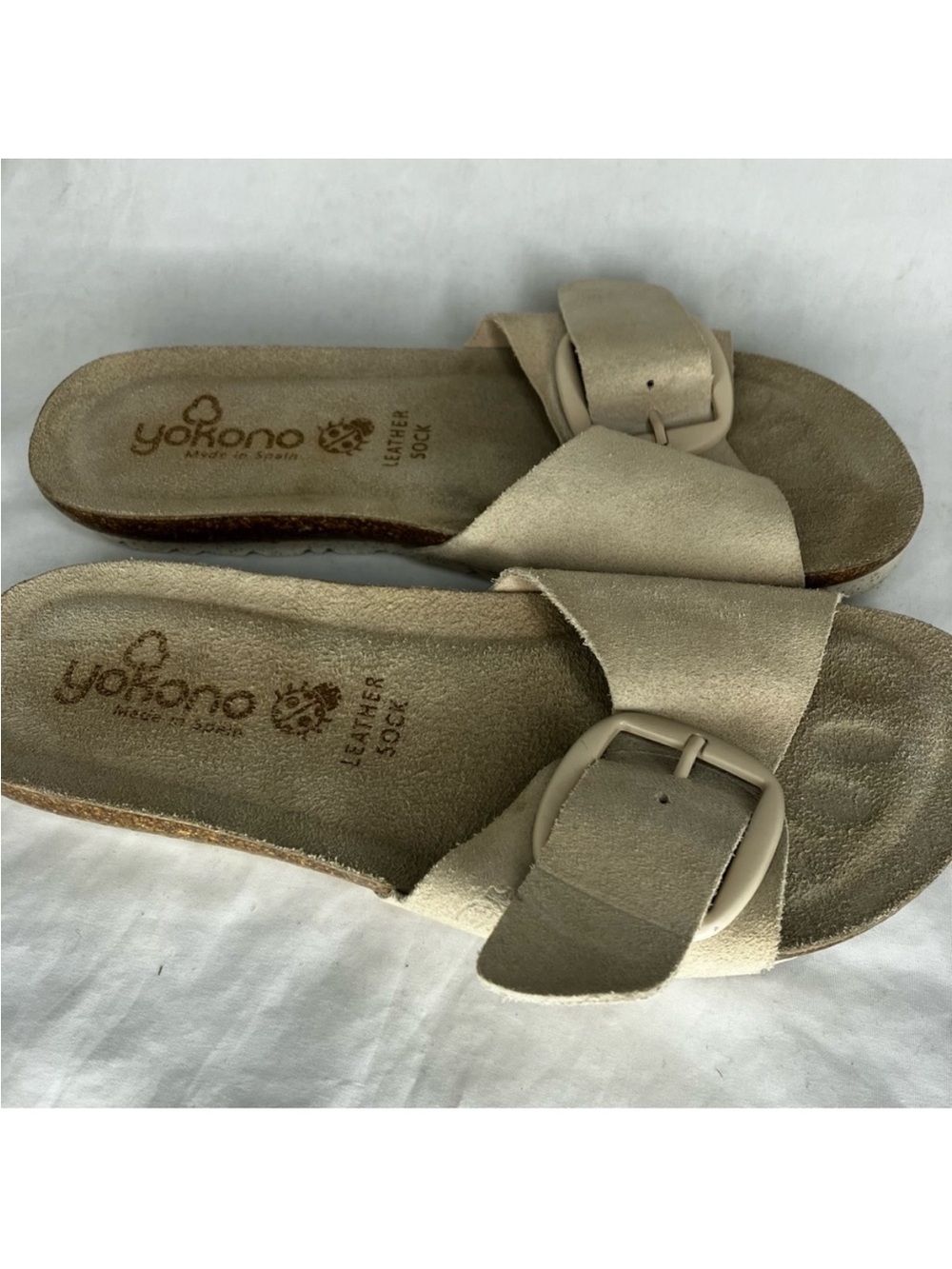Yokono Beige Suede Slide Sandals with Buckle Accent